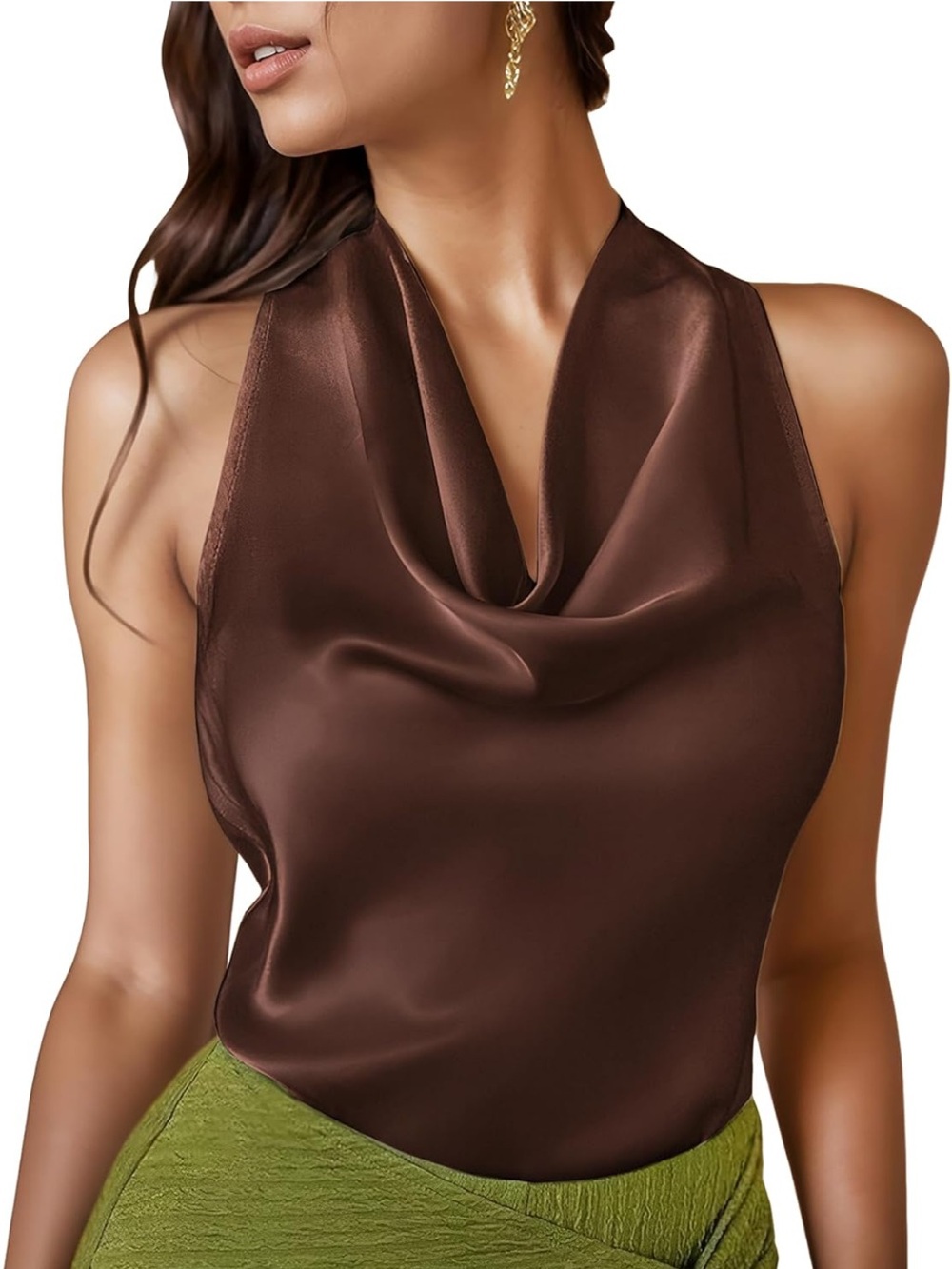 Satin Cowl Neck Sleeveless Top - Brown